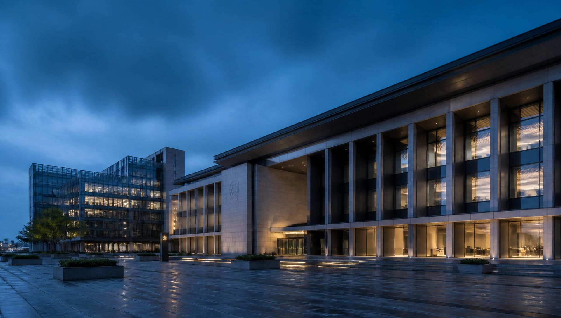 Government administrative campus at dusk