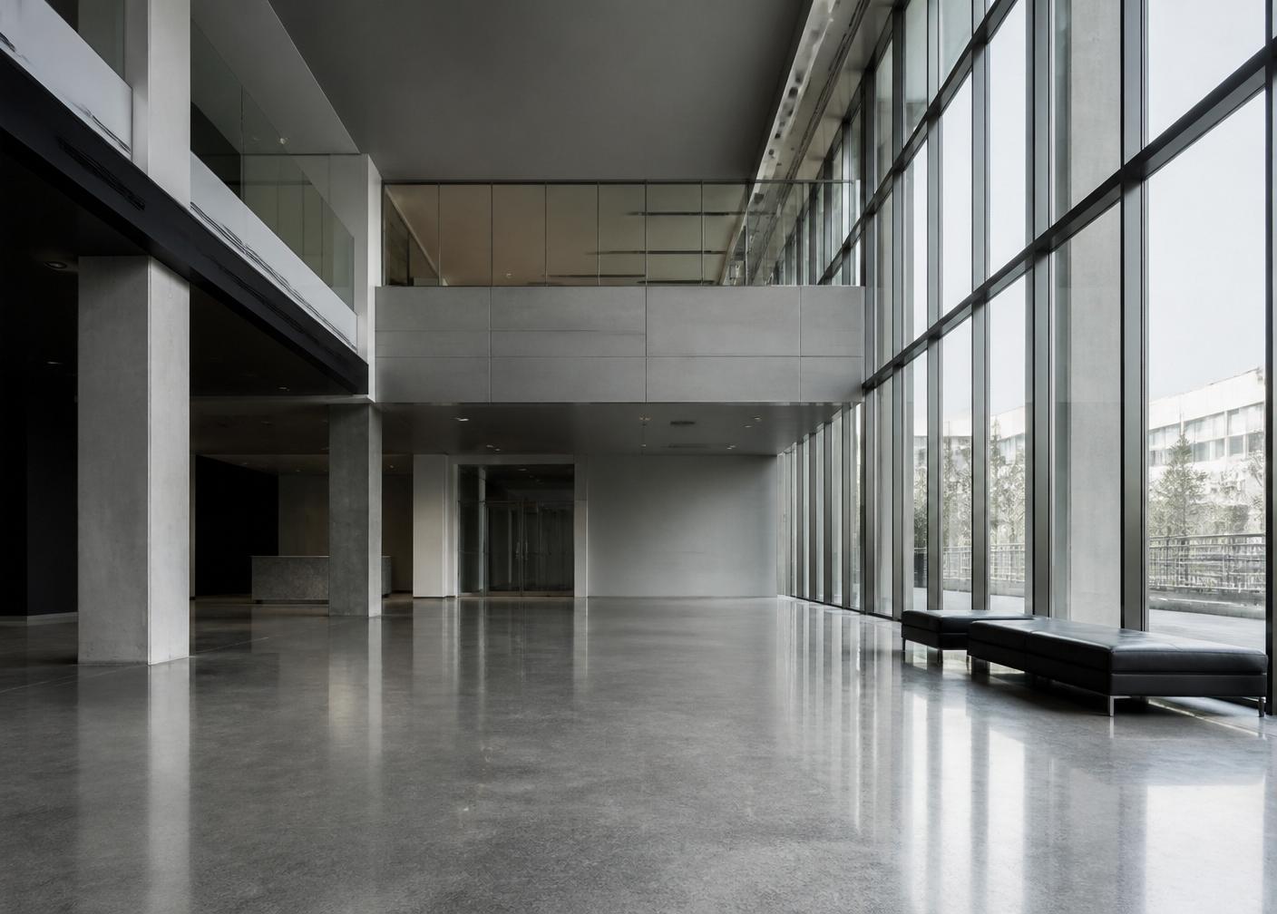 Modern commercial office lobby with glass curtain wall