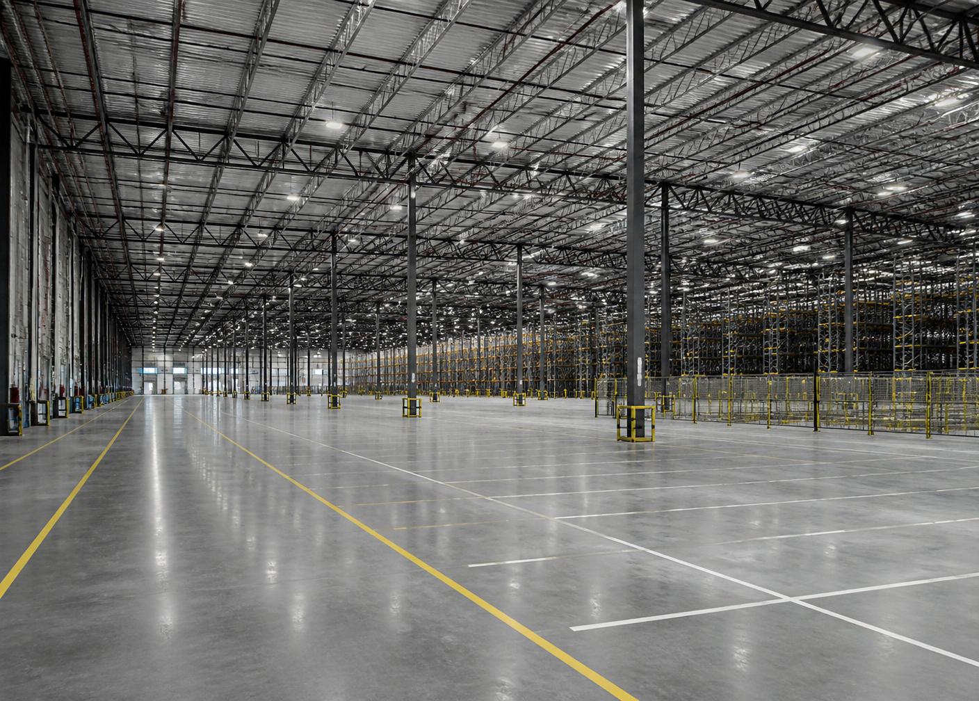 Interior of a large distribution center with steel structure